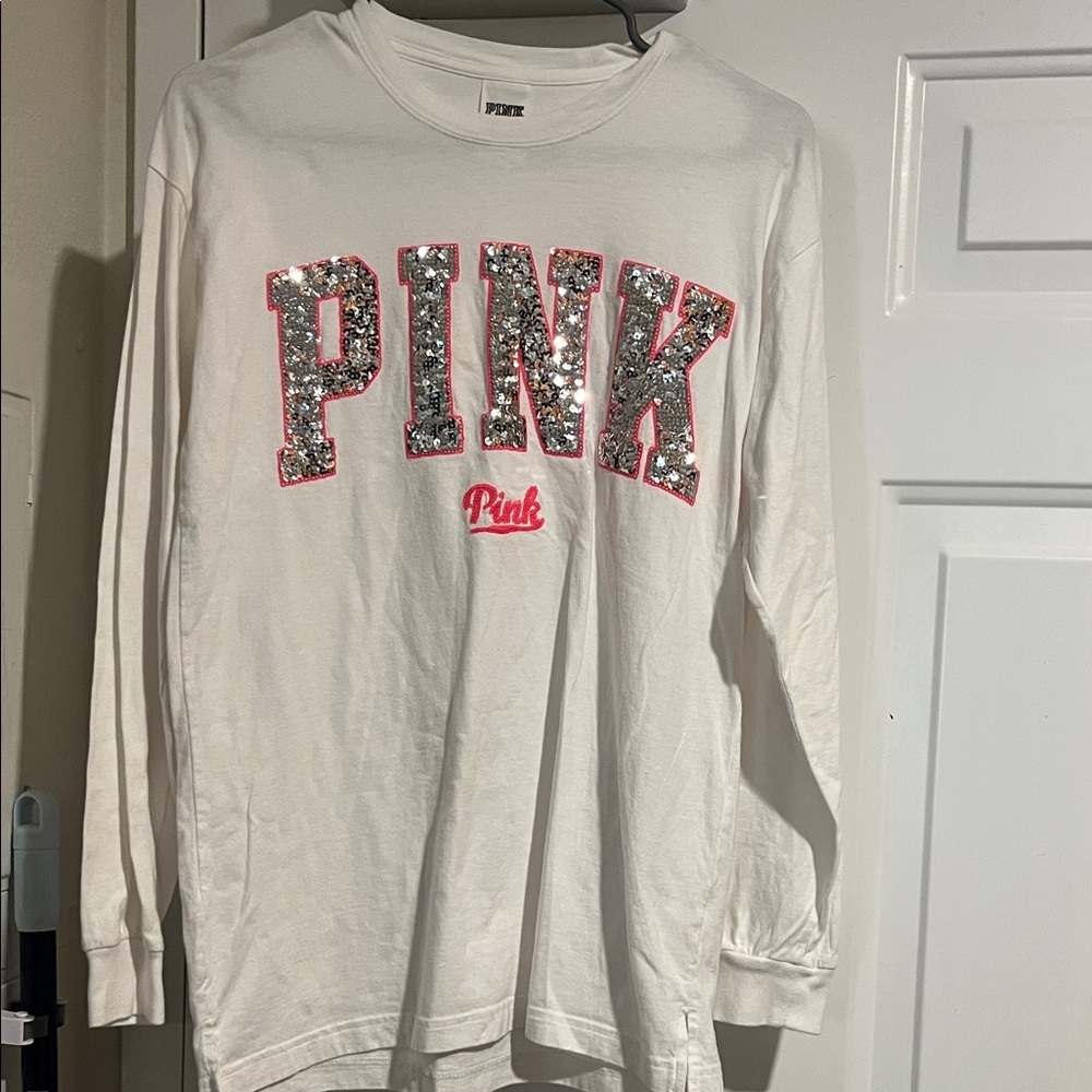 PINK Victoria's Secret Girls' White Long-Sleeve Sequin Logo Tee